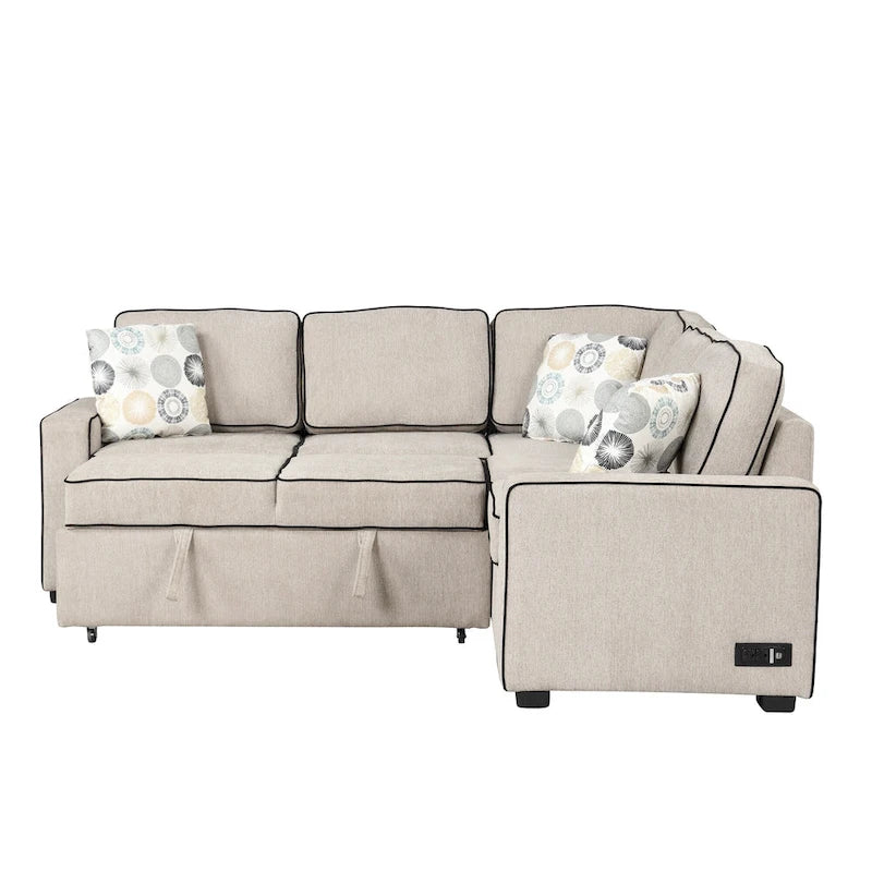 Canapé-lit d'angle convertible moderne avec 2 ports USB, 2 prises de courant et 3 oreillers