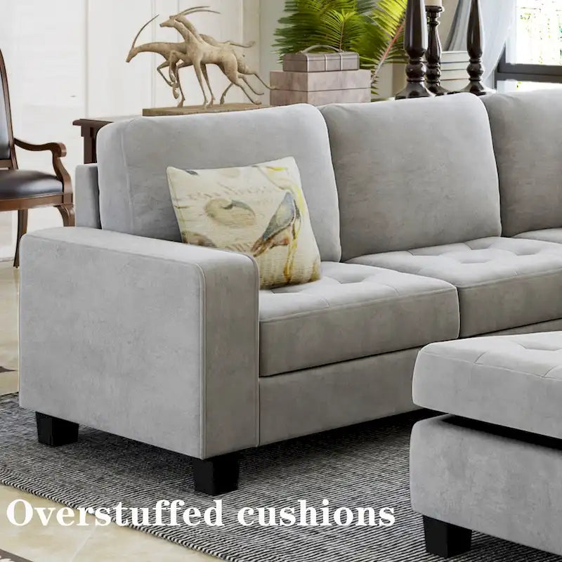 Orisfur. Canapé d'angle modulable en L peu encombrant avec pouf de rangement et porte-gobelets