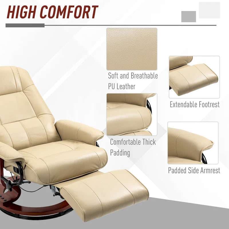 Fauteuil inclinable pivotant manuel en similicuir avec repose-pieds, accoudoirs et base en bois enveloppée