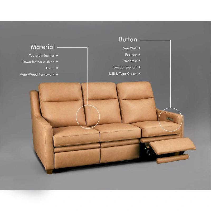 Canapé inclinable en cuir véritable 78 Canapé 3 places inclinable à triple moteur électrique Zéro encombrement avec ports USB et USB-C
