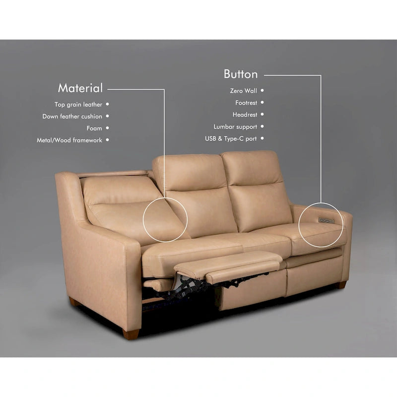 Canapé inclinable en cuir véritable 78 Canapé 3 places inclinable à triple moteur électrique Zéro encombrement avec ports USB et USB-C
