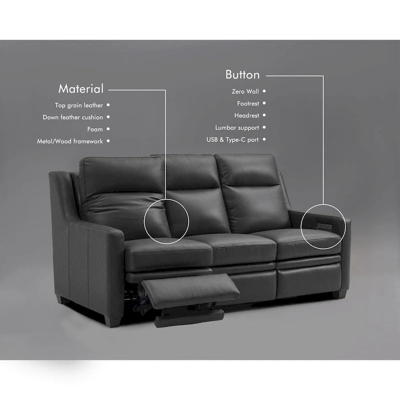 Canapé inclinable en cuir véritable 78 Canapé 3 places inclinable à triple moteur électrique Zéro encombrement avec ports USB et USB-C