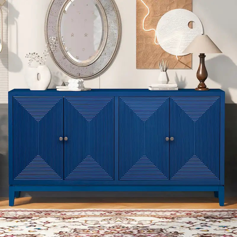 Meuble de rangement élégant avec buffet et lignes verticales, idéal pour le bureau, l'entrée et le salon