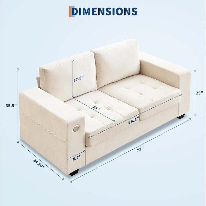 Canapé de causeuse en chenille de 70 pouces avec chargement USB Canapé d'angle moderne avec poches de rangement et housse amovible pour salon,