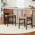 Tabourets de comptoir Roomfitters en cuir PU, ensemble de 2 chaises hautes de bar avec dossier tressé et cadre en bois d'hévéa, noir marron