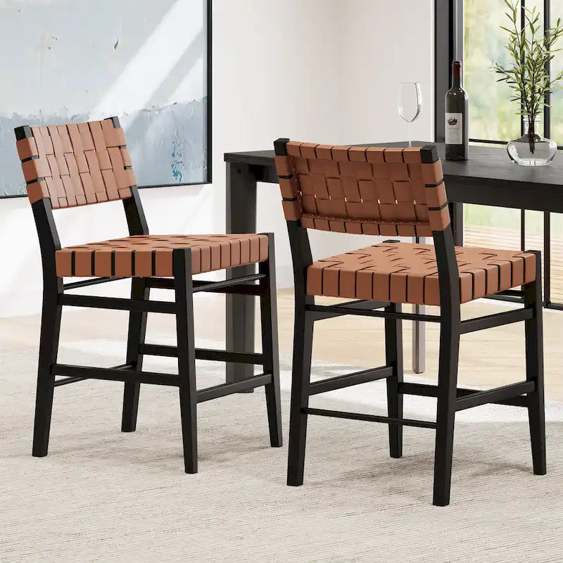 Tabourets de comptoir Roomfitters en cuir PU, ensemble de 2 chaises hautes de bar avec dossier tressé et cadre en bois d'hévéa, noir marron
