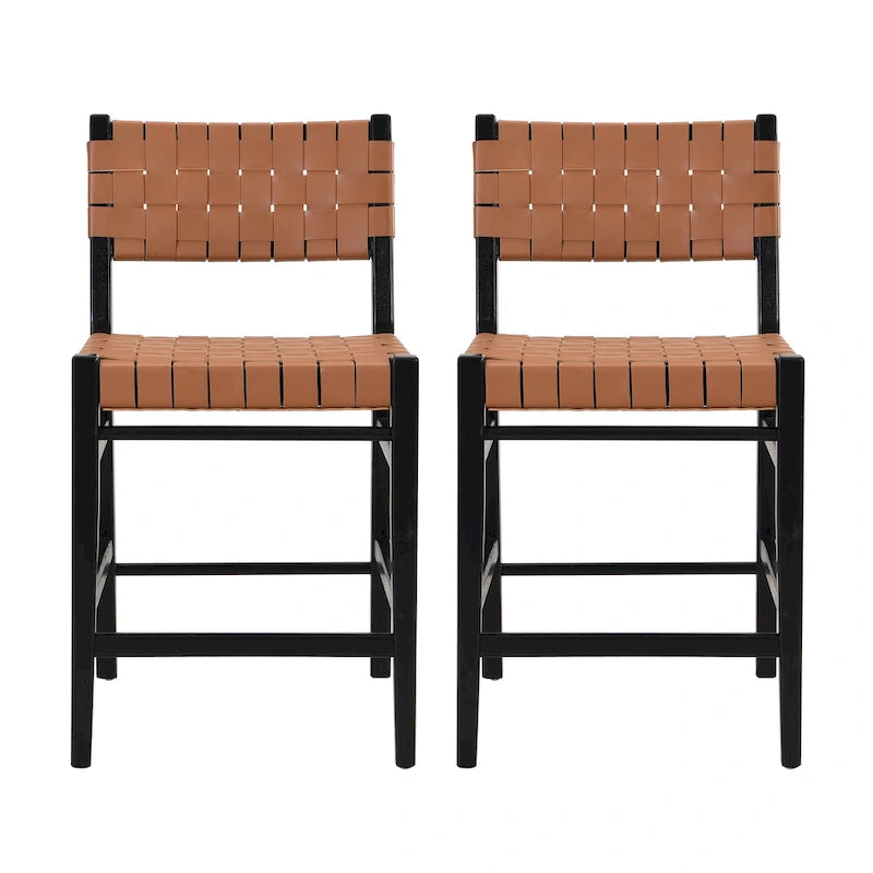 Tabourets de comptoir Roomfitters en cuir PU, ensemble de 2 chaises hautes de bar avec dossier tressé et cadre en bois d'hévéa, noir marron