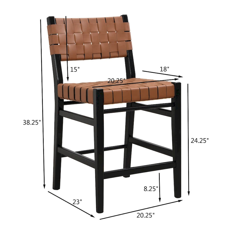 Tabourets de comptoir Roomfitters en cuir PU, ensemble de 2 chaises hautes de bar avec dossier tressé et cadre en bois d'hévéa, noir marron