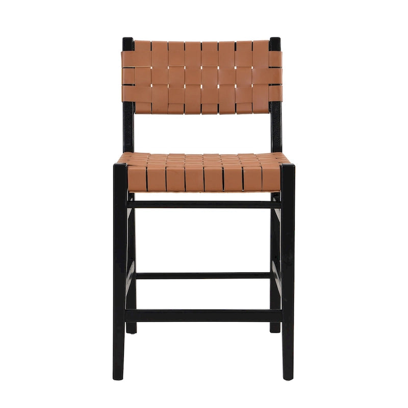 Tabourets de comptoir Roomfitters en cuir PU, ensemble de 2 chaises hautes de bar avec dossier tressé et cadre en bois d'hévéa, noir marron