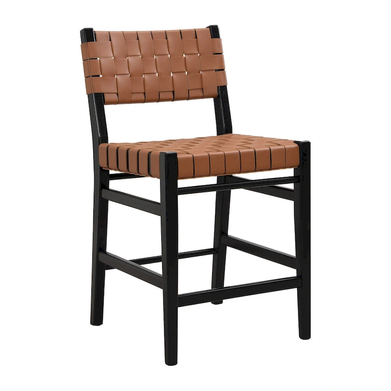 Tabourets de comptoir Roomfitters en cuir PU, ensemble de 2 chaises hautes de bar avec dossier tressé et cadre en bois d'hévéa, noir marron