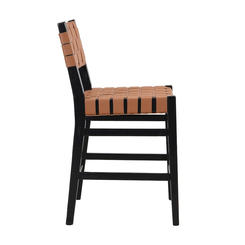 Tabourets de comptoir Roomfitters en cuir PU, ensemble de 2 chaises hautes de bar avec dossier tressé et cadre en bois d'hévéa, noir marron