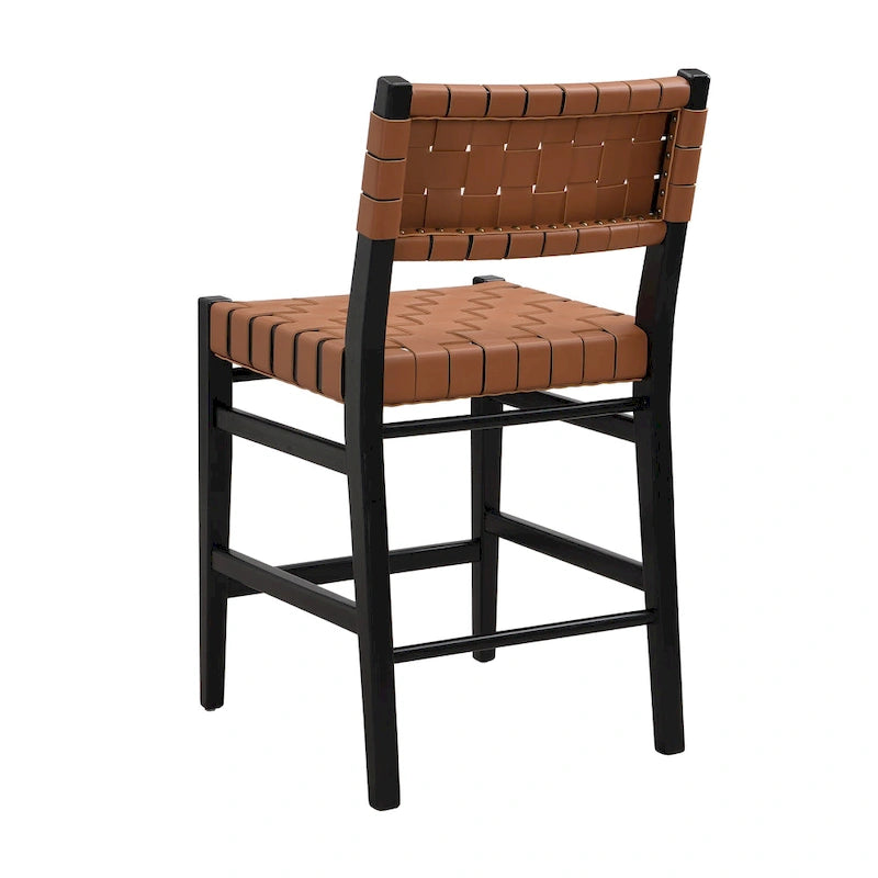 Tabourets de comptoir Roomfitters en cuir PU, ensemble de 2 chaises hautes de bar avec dossier tressé et cadre en bois d'hévéa, noir marron