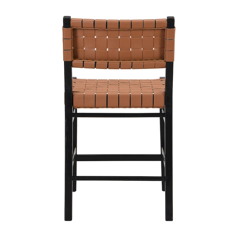 Tabourets de comptoir Roomfitters en cuir PU, ensemble de 2 chaises hautes de bar avec dossier tressé et cadre en bois d'hévéa, noir marron