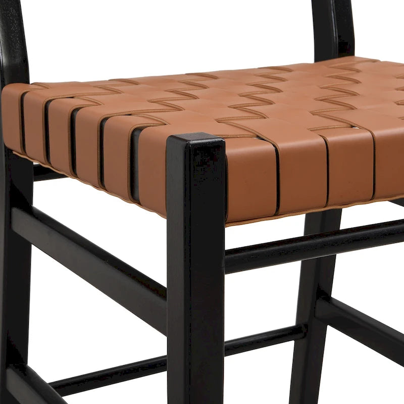 Tabourets de comptoir Roomfitters en cuir PU, ensemble de 2 chaises hautes de bar avec dossier tressé et cadre en bois d'hévéa, noir marron
