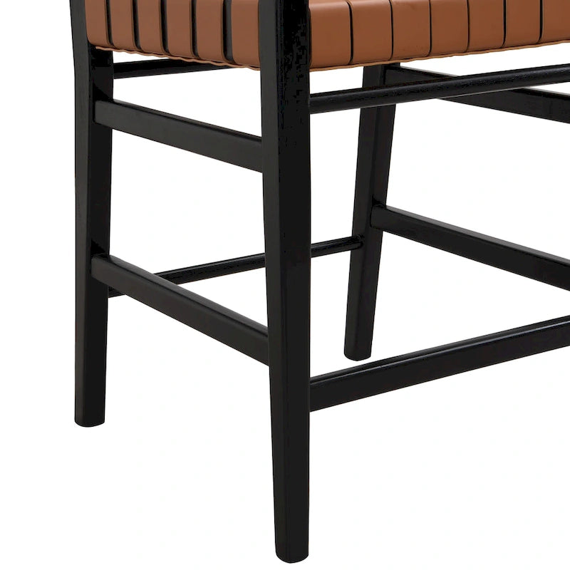 Tabourets de comptoir Roomfitters en cuir PU, ensemble de 2 chaises hautes de bar avec dossier tressé et cadre en bois d'hévéa, noir marron