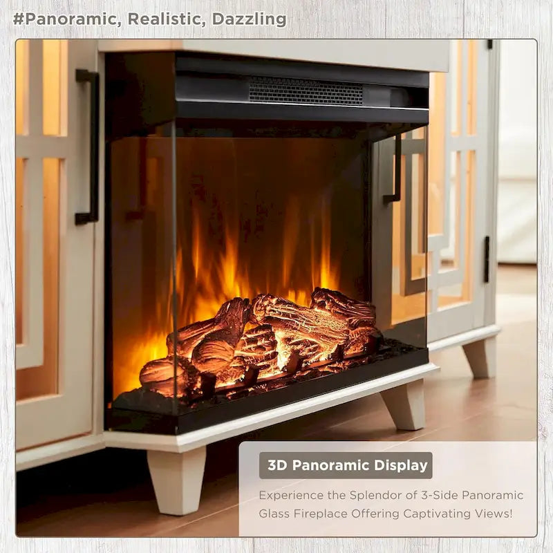 Meuble TV pour téléviseur 75 pouces, cheminée à foyer vitré 3 faces style ferme, console média