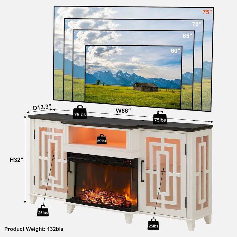 Meuble TV pour téléviseur 75 pouces, cheminée à foyer vitré 3 faces style ferme, console média
