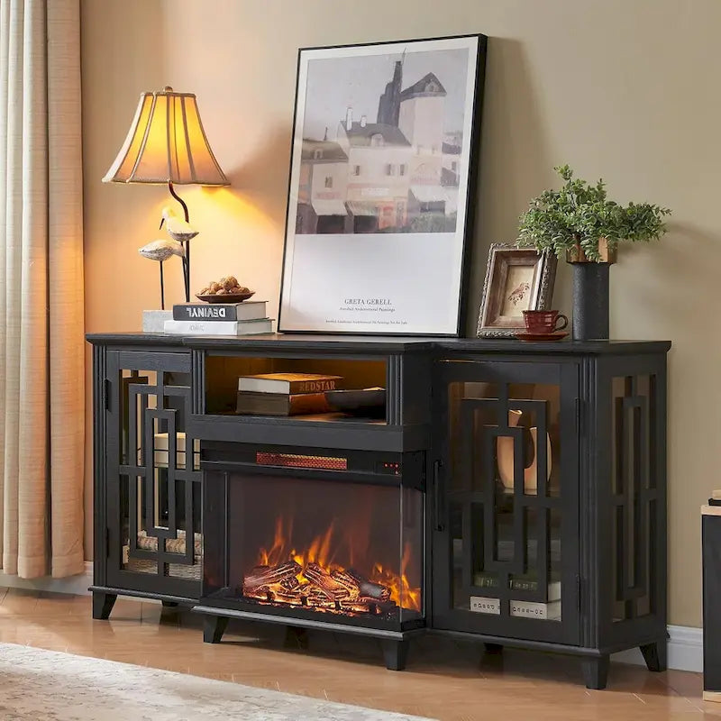 Meuble TV pour téléviseur 75 pouces, cheminée à foyer vitré 3 faces style ferme, console média