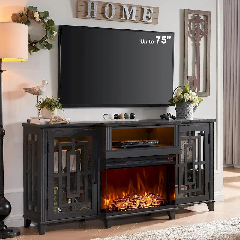 Meuble TV pour téléviseur 75 pouces, cheminée à foyer vitré 3 faces style ferme, console média