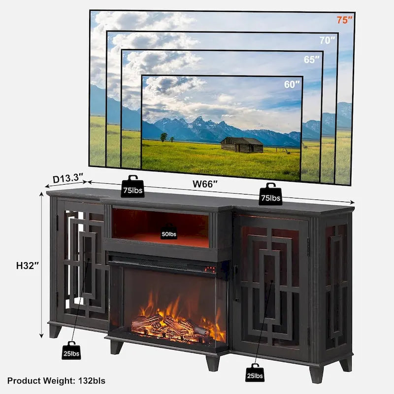 Meuble TV pour téléviseur 75 pouces, cheminée à foyer vitré 3 faces style ferme, console média