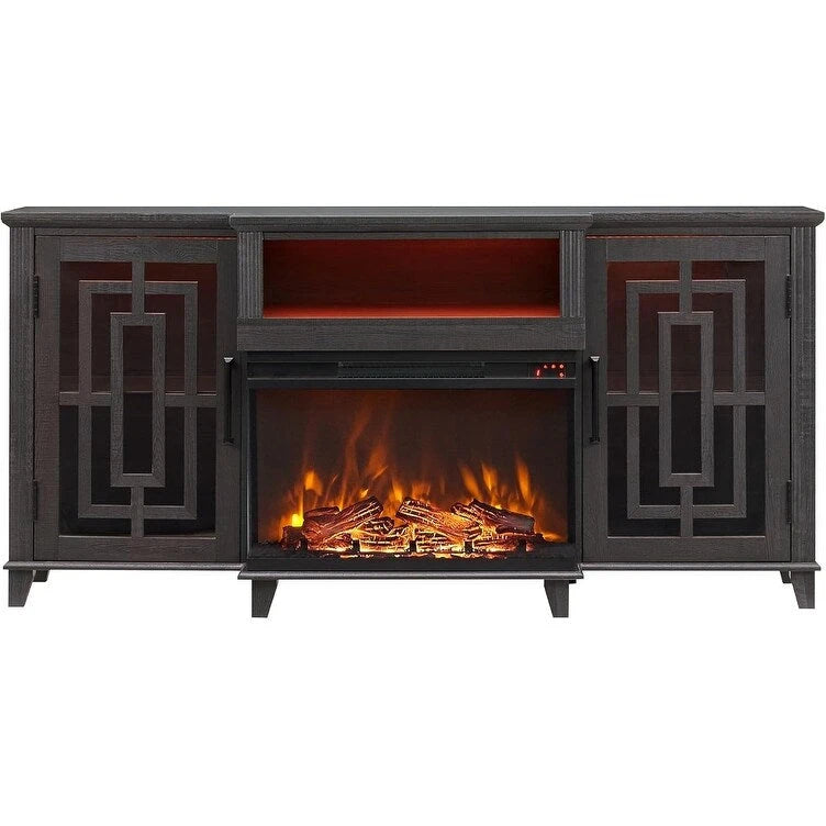 Meuble TV pour téléviseur 75 pouces, cheminée à foyer vitré 3 faces style ferme, console média