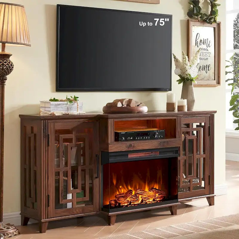 Meuble TV pour téléviseur 75 pouces, cheminée à foyer vitré 3 faces style ferme, console média