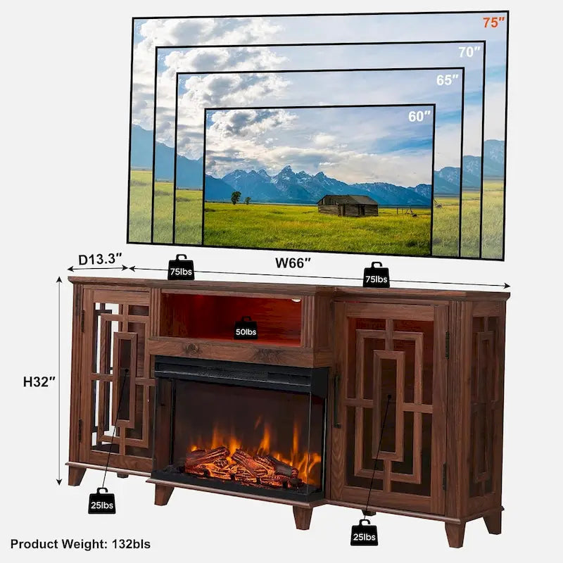 Meuble TV pour téléviseur 75 pouces, cheminée à foyer vitré 3 faces style ferme, console média