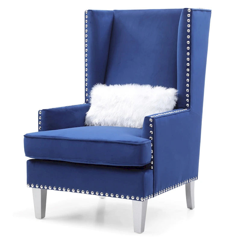 Fauteuil d'appoint dossier haut en velours avec coussin en fourrure - 47 - Bleu
