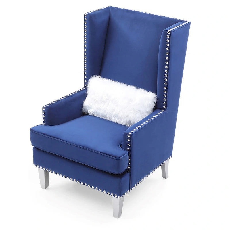 Fauteuil d'appoint dossier haut en velours avec coussin en fourrure - 47 - Bleu
