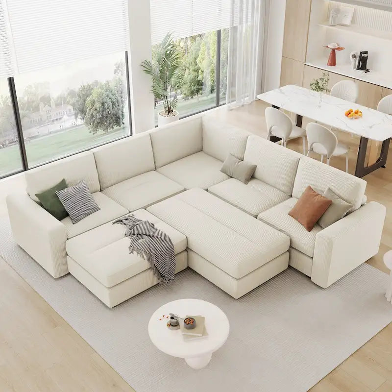 Canapé convertible en velours côtelé, canapé modulaire avec 2 poufs mobiles, canapé inclinable pour salon