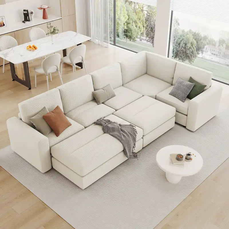 Canapé convertible en velours côtelé, canapé modulaire avec 2 poufs mobiles, canapé inclinable pour salon