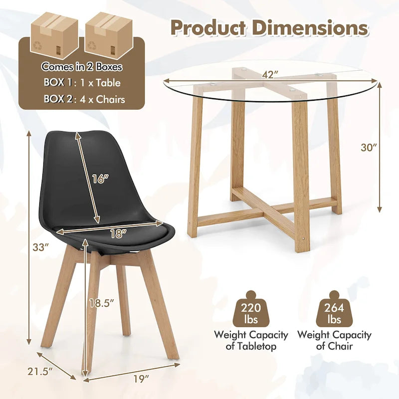 Gymax Ensemble de salle à manger 5 pièces pour 4 avec pieds en bois massif et verre trempé