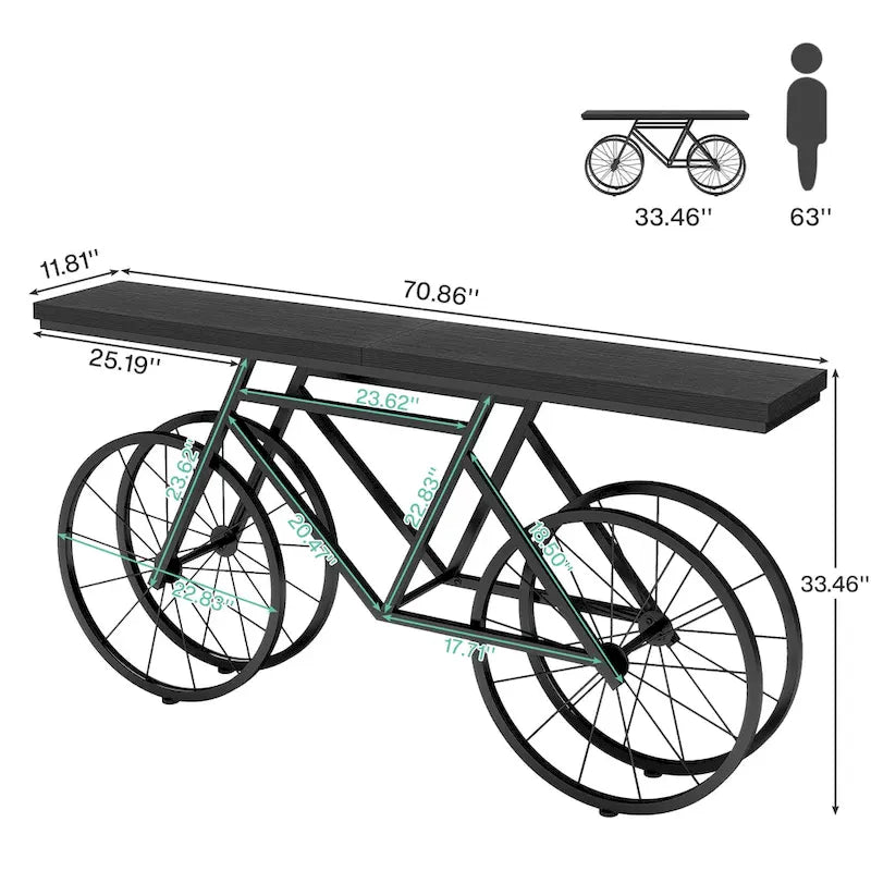 Console extra longue de 180 cm avec base en métal de vélo pour entrée, salon - 30P x 180L x 85H cm