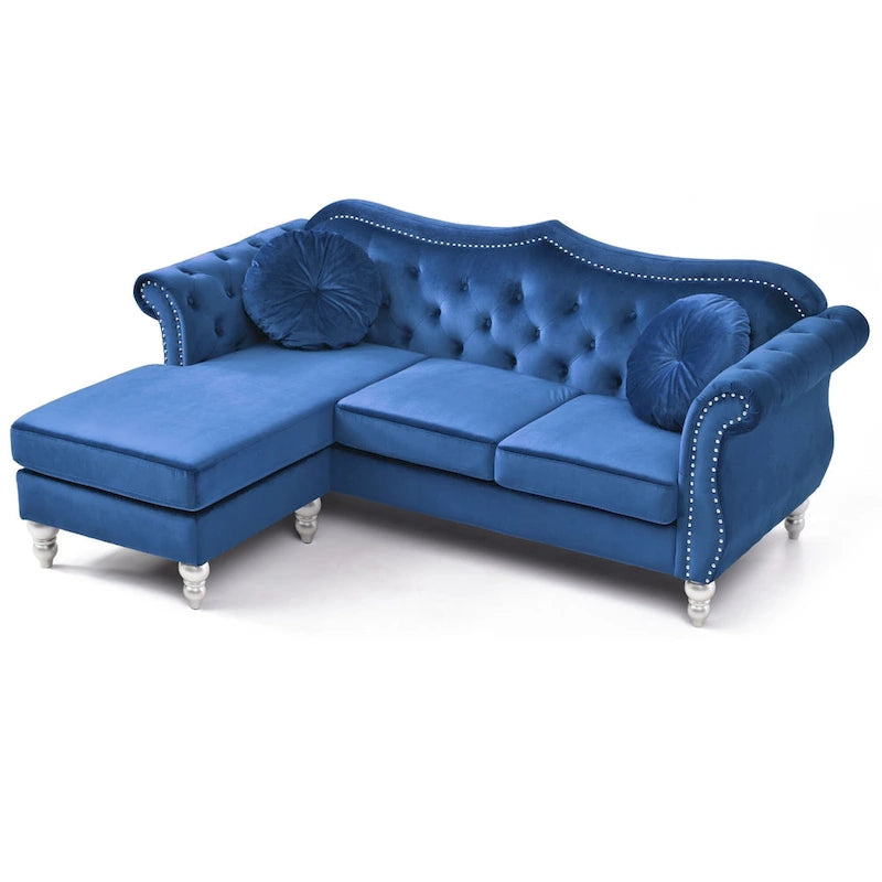 Canapé d'angle Chesterfield en velours capitonné avec coussins décoratifs – 81 – Bleu