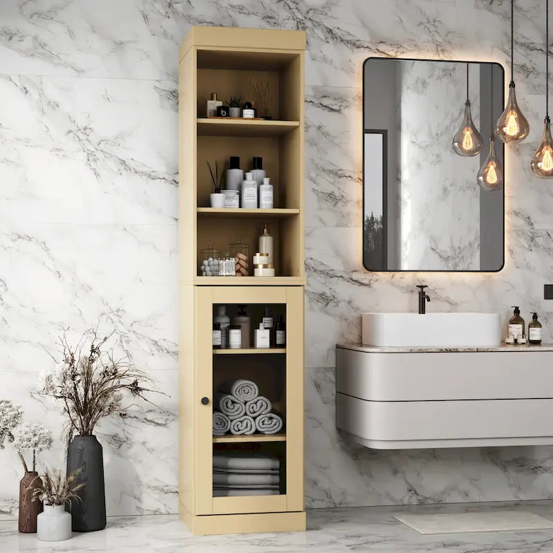 Palace Imports Meuble de rangement de salle de bain 100 % bois massif 16,5 po avec portes en verre transparent et étagères réglables