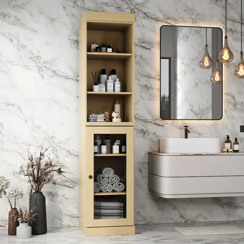 Palace Imports 100% Solid Wood 16.5 Bathroom Storage Cabinet with Clear Glass Doors and Adjustable Shelves