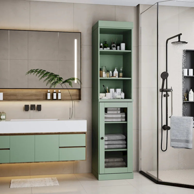 Palace Imports Meuble de rangement de salle de bain 100 % bois massif 16,5 po avec portes en verre transparent et étagères réglables
