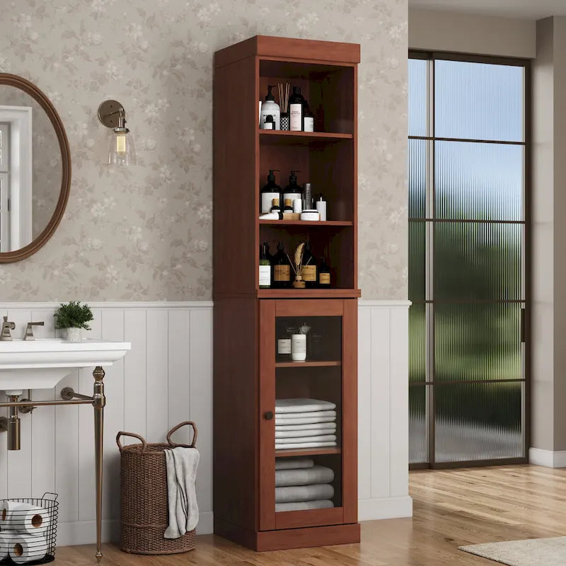 Palace Imports Meuble de rangement de salle de bain 100 % bois massif 16,5 po avec portes en verre transparent et étagères réglables