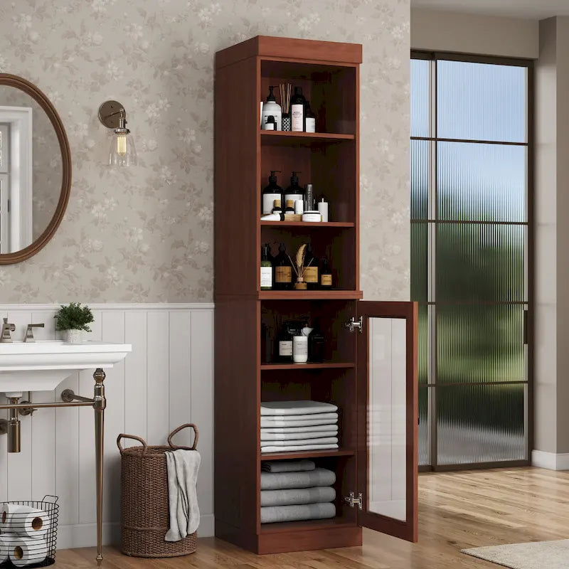 Palace Imports Meuble de rangement de salle de bain 100 % bois massif 16,5 po avec portes en verre transparent et étagères réglables