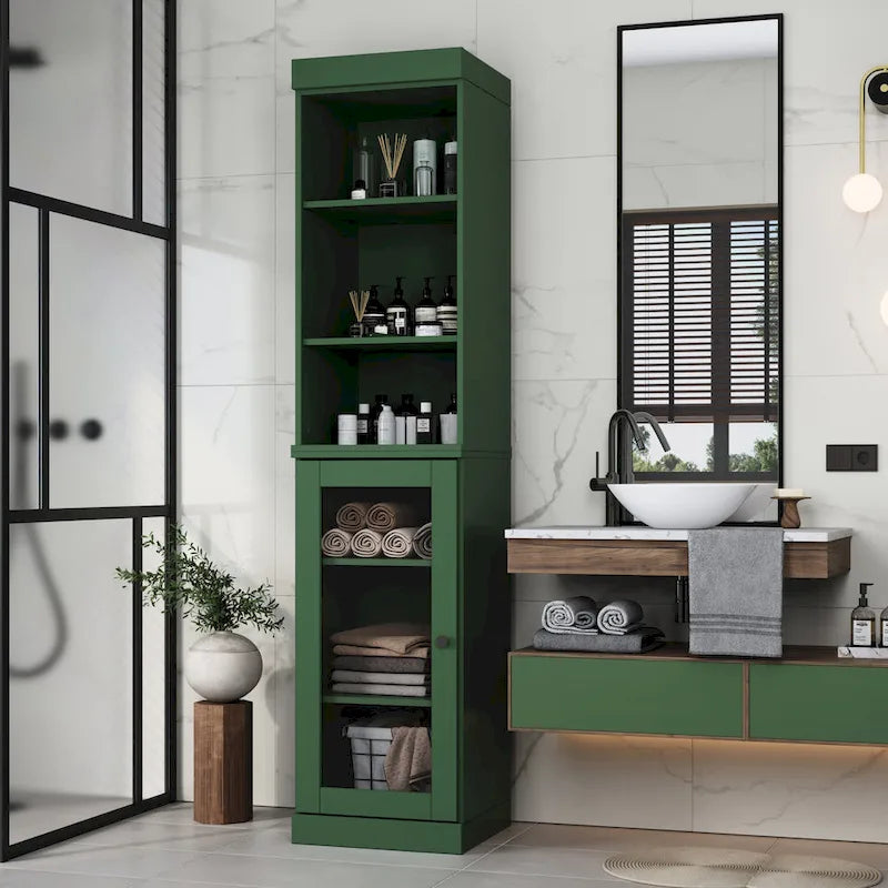 Palace Imports Meuble de rangement de salle de bain 100 % bois massif 16,5 po avec portes en verre transparent et étagères réglables