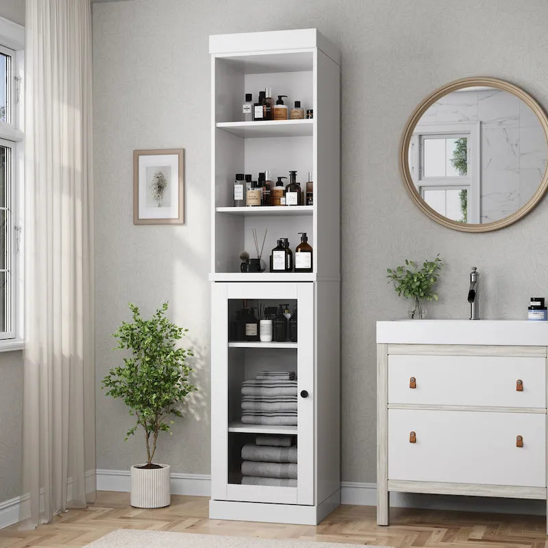 Palace Imports Meuble de rangement de salle de bain 100 % bois massif 16,5 po avec portes en verre transparent et étagères réglables