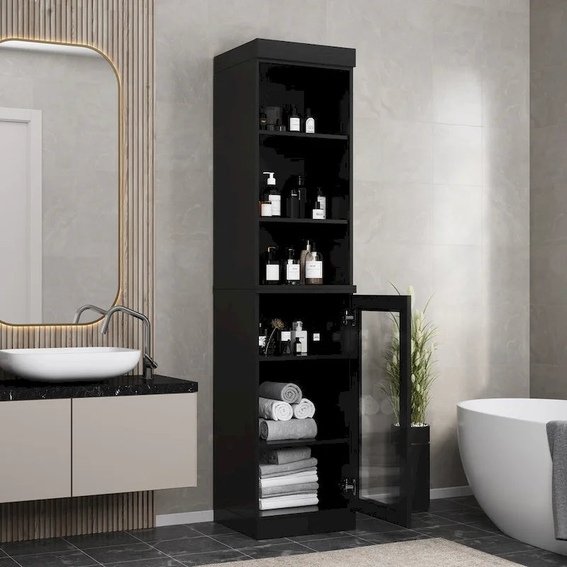 Palace Imports Meuble de rangement de salle de bain 100 % bois massif 16,5 po avec portes en verre transparent et étagères réglables