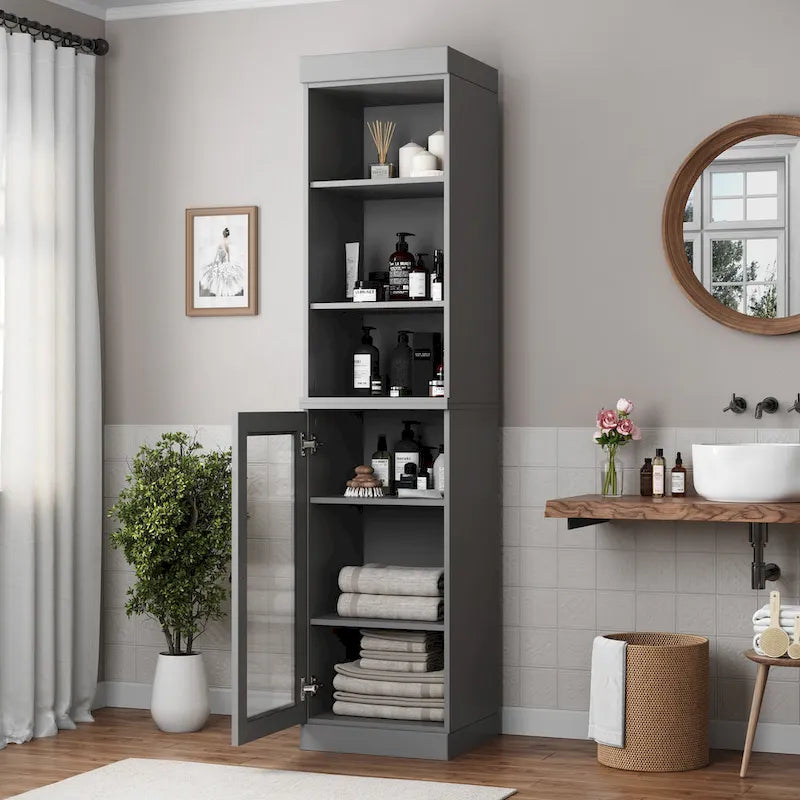 Palace Imports Meuble de rangement de salle de bain 100 % bois massif 16,5 po avec portes en verre transparent et étagères réglables