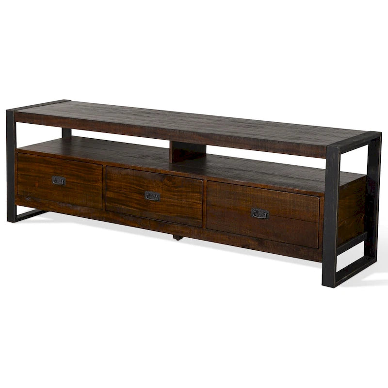 Meuble TV Flint, 3 tiroirs, 2 étagères, bois marron foncé, 198 cm