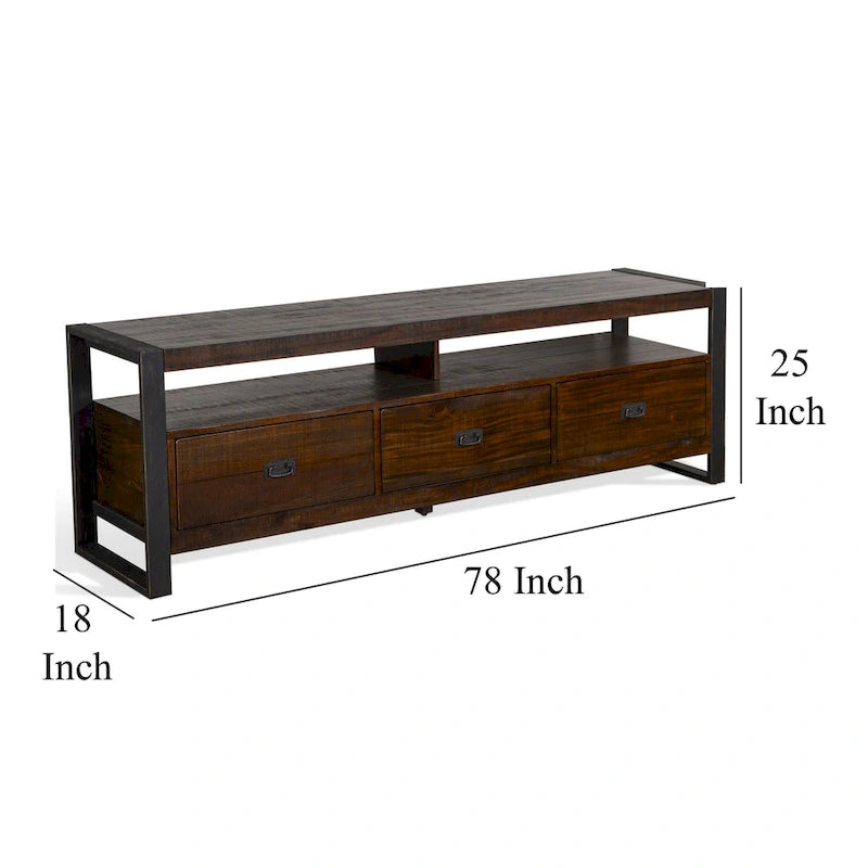 Meuble TV Flint, 3 tiroirs, 2 étagères, bois marron foncé, 198 cm