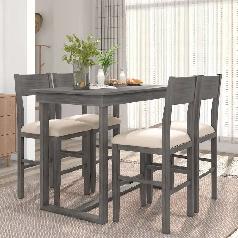 Ensemble de salle à manger 5 pièces à hauteur de comptoir, ensemble de table de cuisine en bois massif avec table à manger rectangulaire et 4 chaises de salle à manger