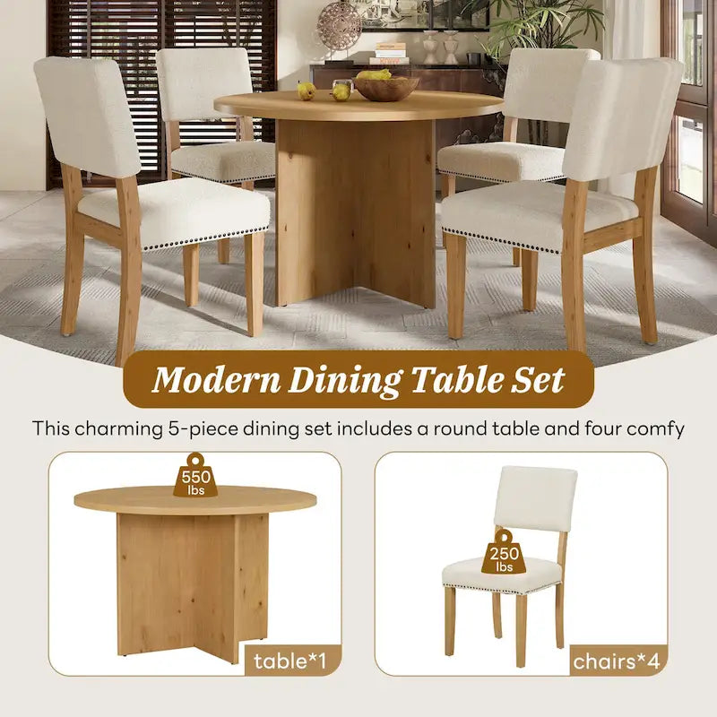 Ensemble table à manger ronde 4 personnes, ensemble de 5 pièces de cuisine avec table à manger ronde et 4 chaises de salle à manger rembourrées