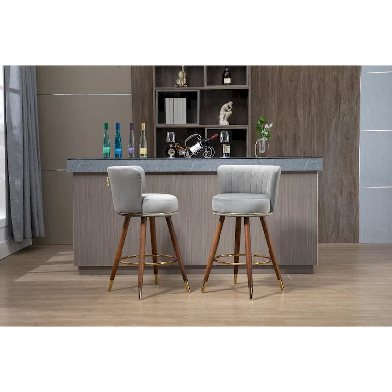 Lot de 2 tabourets de bar pivotants avec pieds en bois et repose-pieds, tabourets de cuisine rembourrés avec dossier
