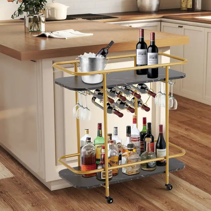 Chariot de bar EROMMY doré avec roues, desserte à roulettes avec porte-bouteilles et porte-verres, chariot de bar moderne pour cuisine à domicile.