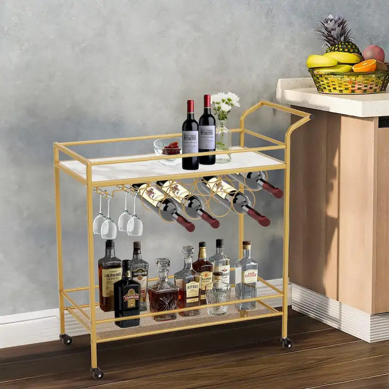 Chariot de bar EROMMY doré avec roues, desserte à roulettes avec porte-bouteilles et porte-verres, chariot de bar moderne pour cuisine à domicile.